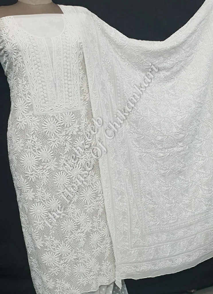 Designer Ek-Taar Mukaish Kamdani Chikankari Suit, Ivory Floral Kurta