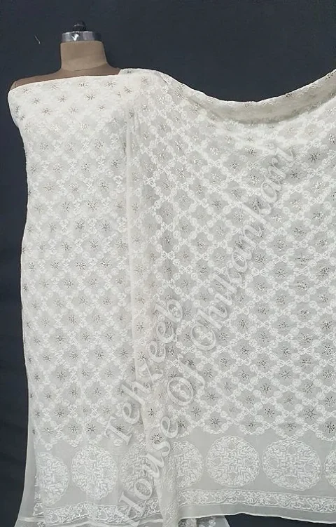 Designer Ek-Taar Mukaish Kamdani Chikankari Suit, Ivory with Jaal Dupatta
