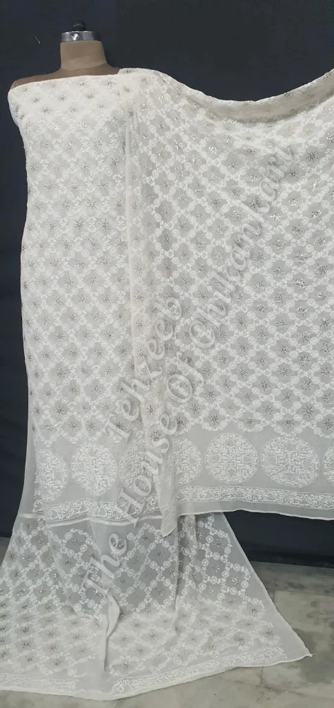 Designer Ek-Taar Mukaish Kamdani Chikankari Suit, Ivory with Jaal Dupatta, detail 2