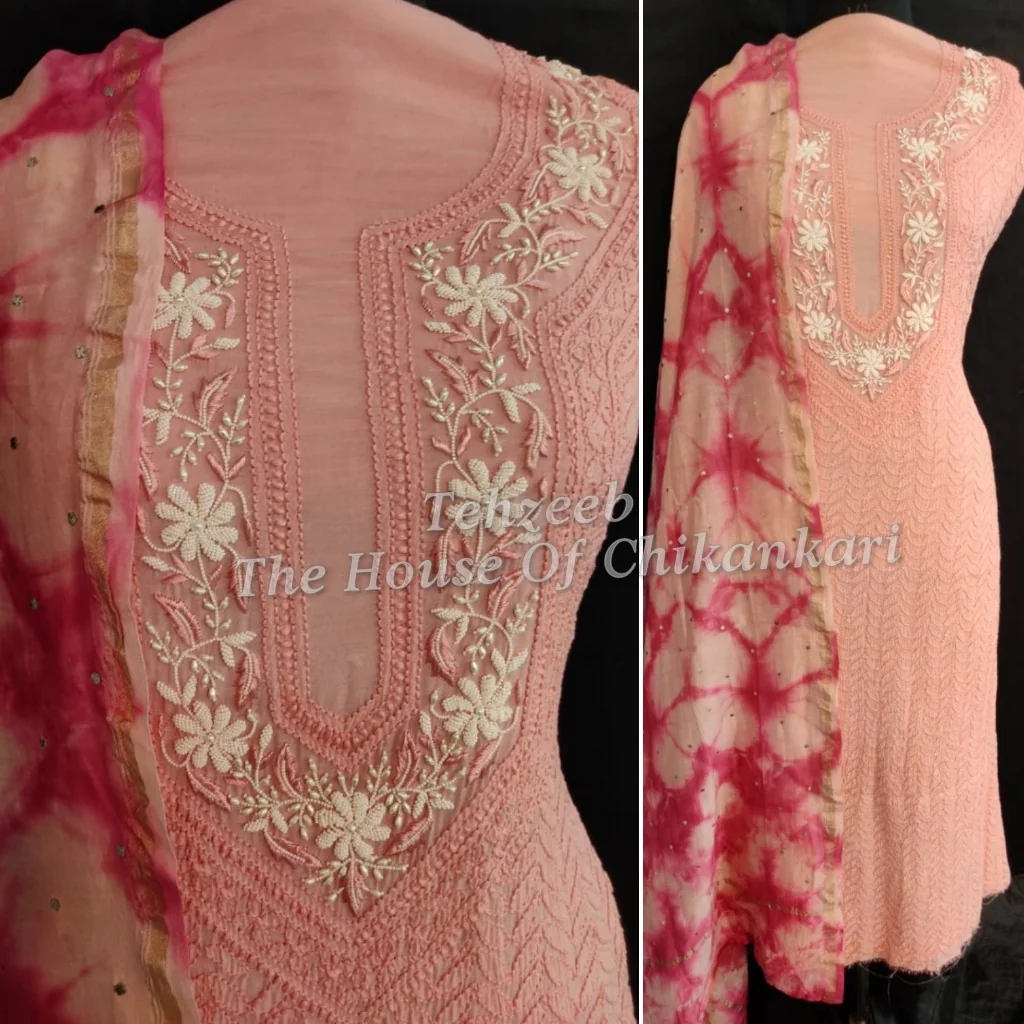 Designer Lucknowi Chikankari Suit, Peach with Tie-Dye Dupatta