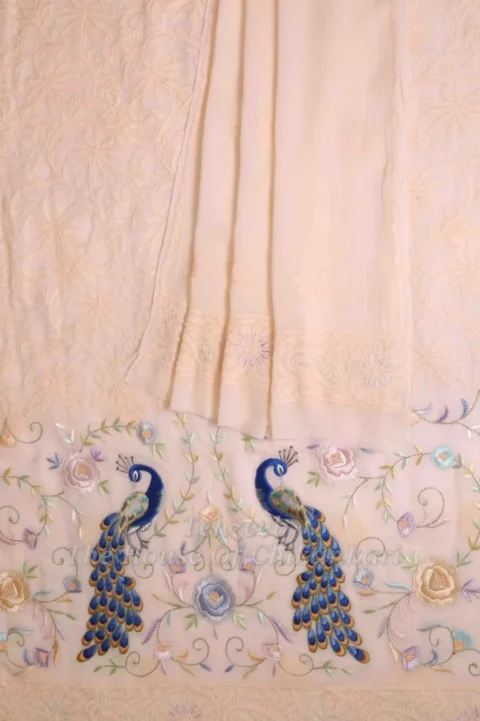 Designer Lucknowi Chikankari Suit, Peach with Peacock Motif