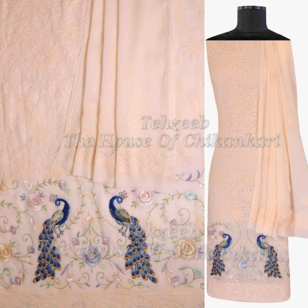 Designer Lucknowi Chikankari Suit, Peach with Peacock Motif, detail 2