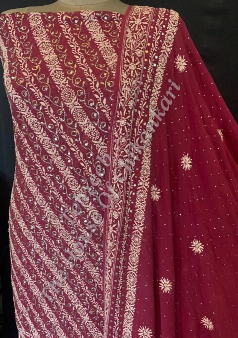 Designer Mukaish Ek Taar Chikan Suit, Maroon Diagonal Stripes