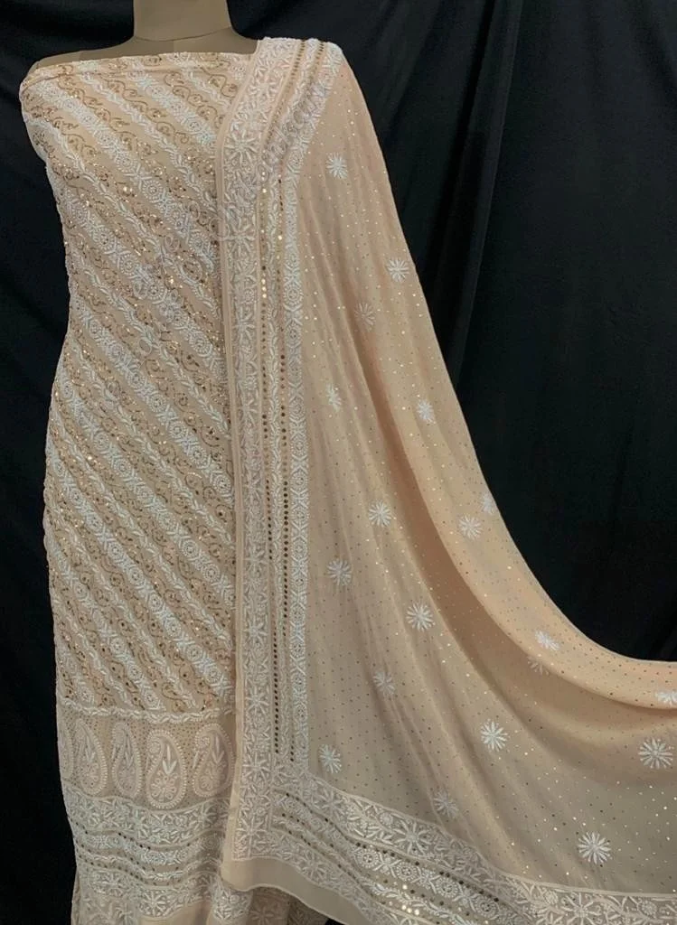 Designer Mukaish Ek Taar Chikan Suit, Peach Diagonal Stripes