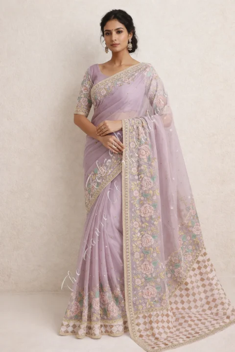 Designer Organza Silk EK Taar Chikankari Saree