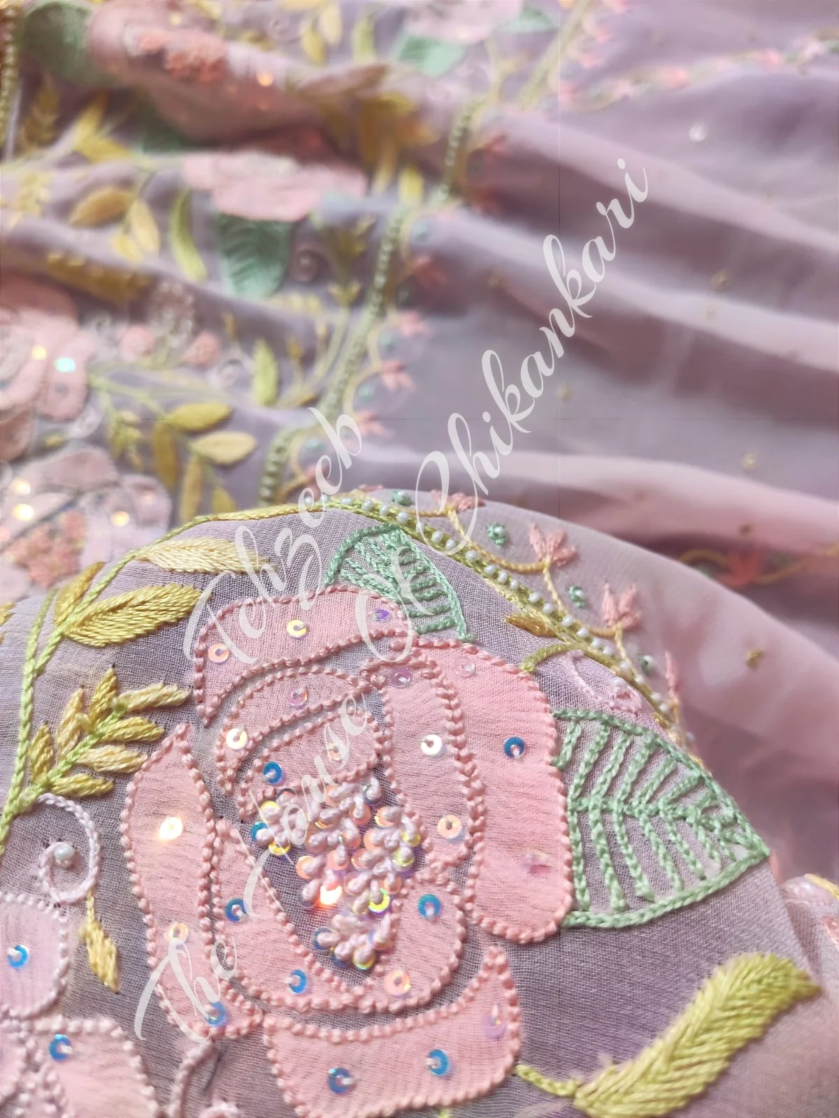 Designer Organza Silk EK Taar Chikankari Saree, detail 4