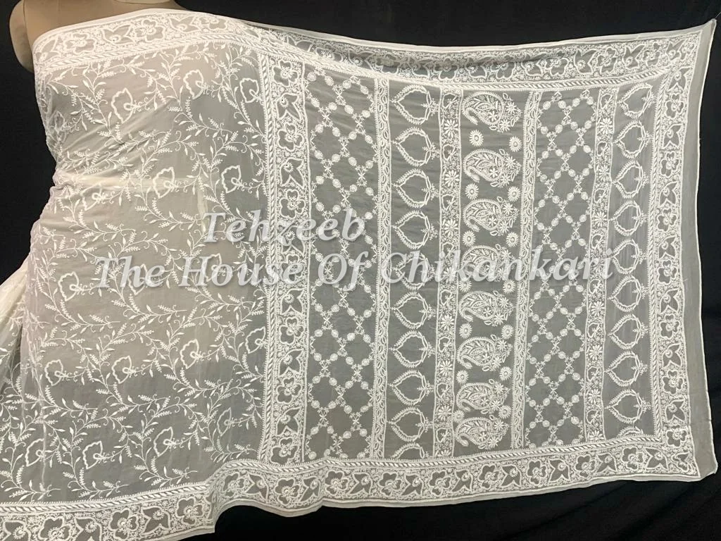 Designer Pure Chiffon Silk Ek Taar Chikan Saree, detail 2