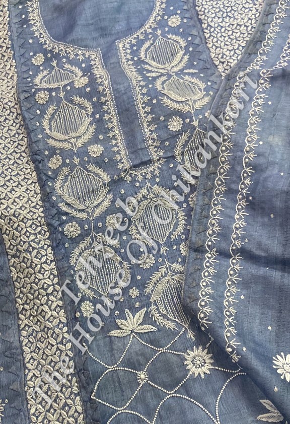 Designer Pure Silk Chikankari Suit, detail 4
