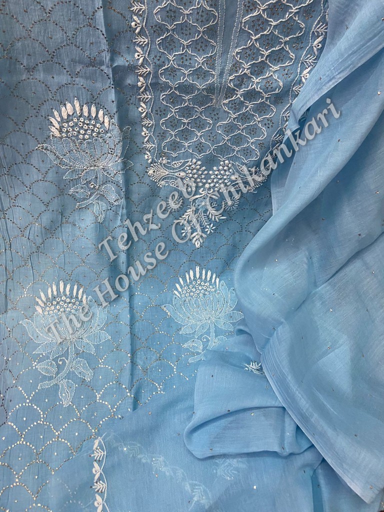 Designer Pure Silk Chikankari Suit, detail 5