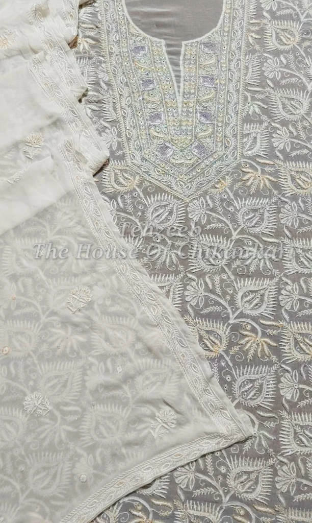 Designer Teen Taar Chikankari Suit, detail 5