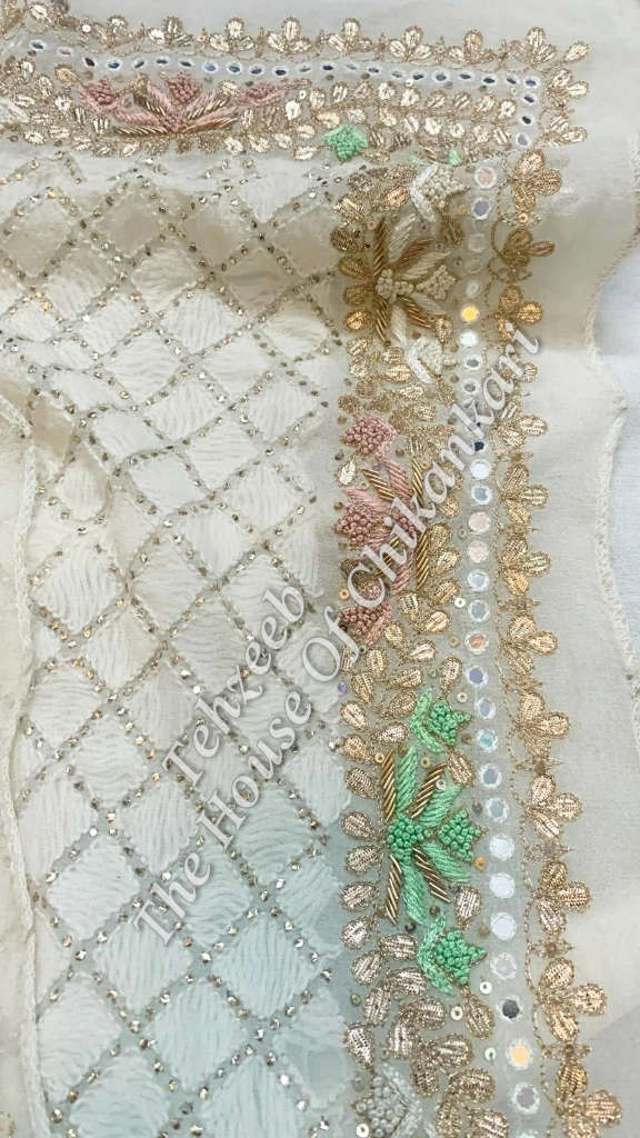Designer Zardosi Ek-Taar Mukaish Kamdani Chikankari Suit, detail 2