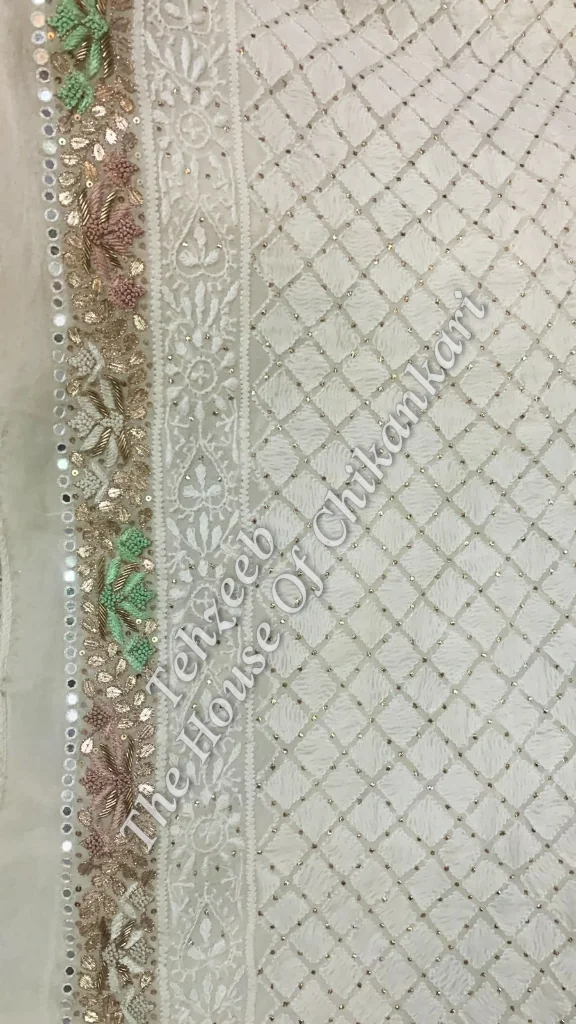 Designer Zardosi Ek-Taar Mukaish Kamdani Chikankari Suit, detail 3