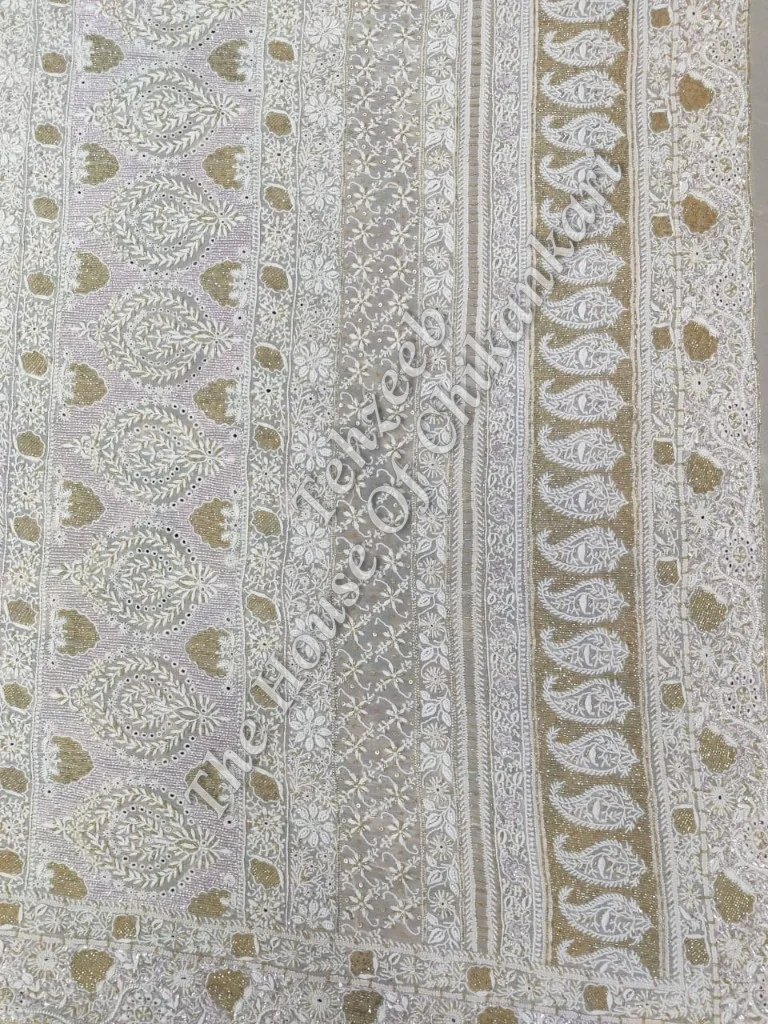 Ek - Do Taar Chikankari Saree, Ivory with Gold Booti