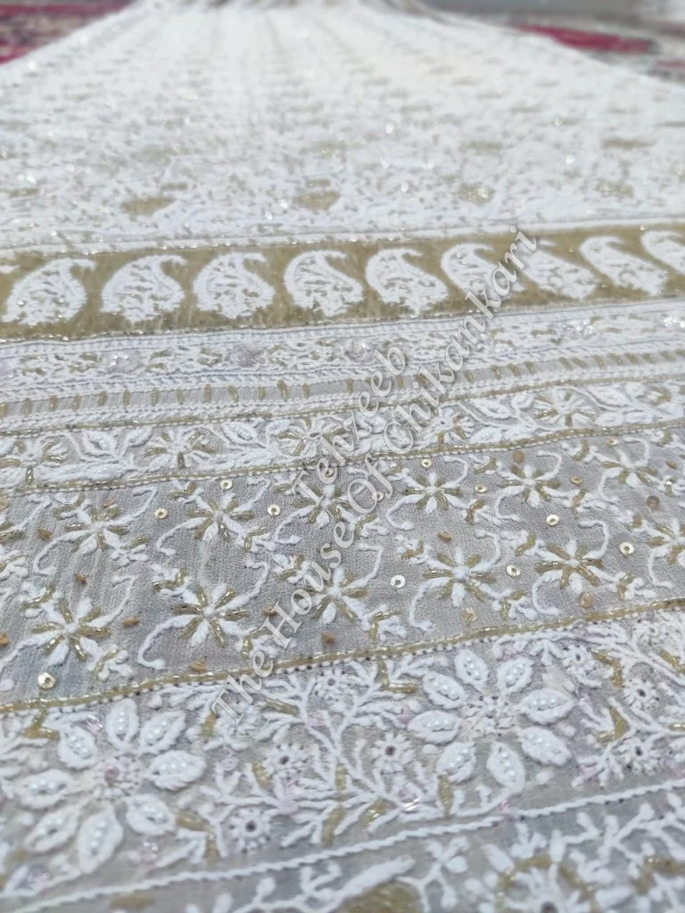 Ek - Do Taar Chikankari Saree, Ivory with Gold Booti, detail 4