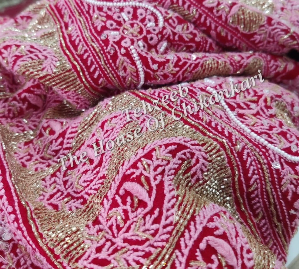 Ek - Do Taar Chikankari Saree, Red with Ivory Embroidery, detail 2
