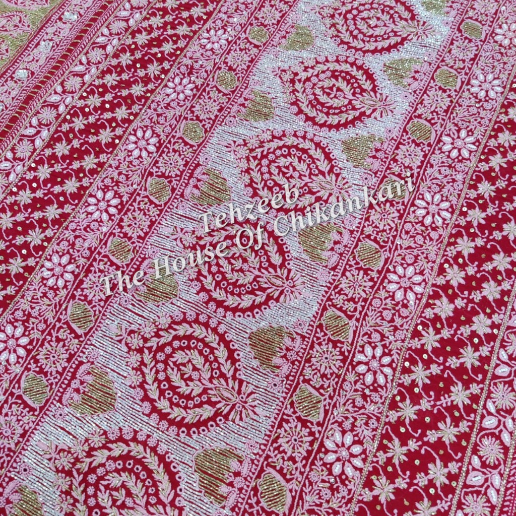 Ek - Do Taar Chikankari Saree, Red with Ivory Embroidery, detail 3
