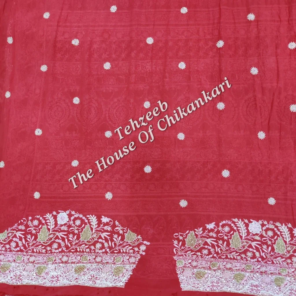 Ek - Do Taar Chikankari Saree, Red with Ivory Embroidery, detail 4