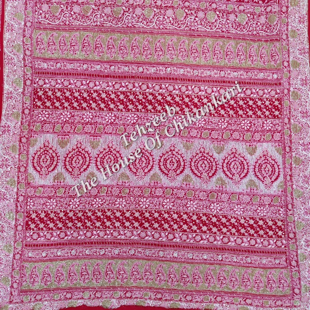 Ek - Do Taar Chikankari Saree, Red with Ivory Embroidery, detail 5
