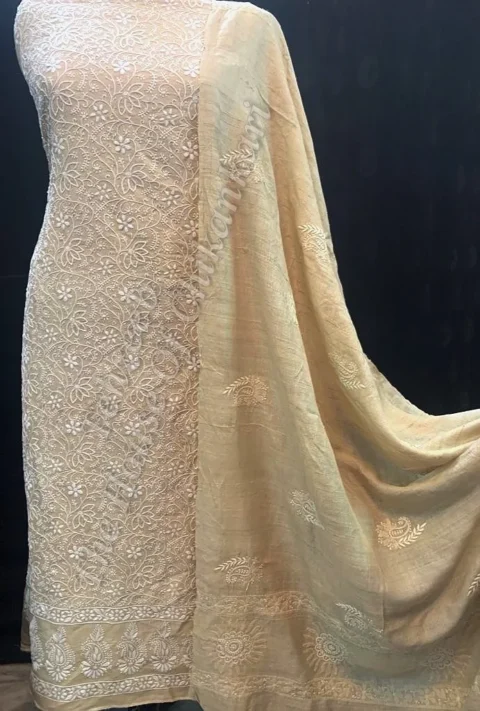 Ek Taar Khadi Silk Chikankari Suit, Beige All-Over Floral