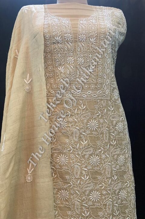 Ek Taar Khadi Silk Chikankari Suit, Beige with Yoke Neckline
