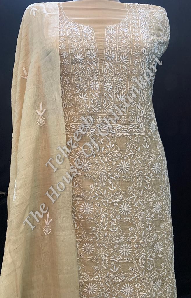 Ek Taar Khadi Silk Chikankari Suit, Beige with Yoke Neckline, detail 2