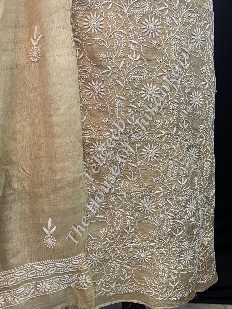 Ek Taar Khadi Silk Chikankari Suit, Beige with Yoke Neckline, detail 3