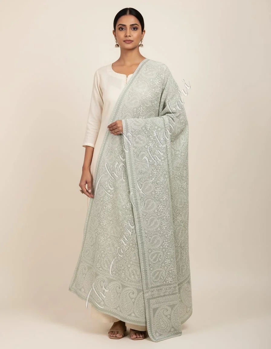 Ek Taar Lucknowi Chikankari Dupatta of finest Haath Jaali
