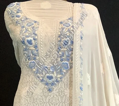 Ek Taar Lucknowi Chikankari Parsigara Suit, Cream with Blue Parsi Neckline