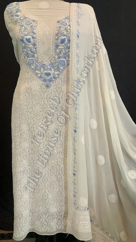 Ek Taar Lucknowi Chikankari Parsigara Suit, Cream with Blue Parsi Neckline, detail 2