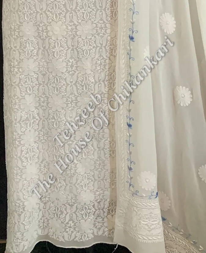 Ek Taar Lucknowi Chikankari Parsigara Suit, Cream with Blue Parsi Neckline, detail 3