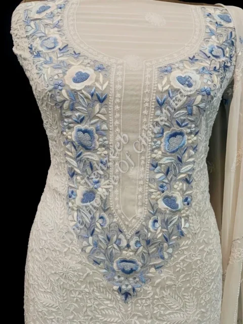 Ek Taar Lucknowi Chikankari Parsigara Suit, Ivory with Blue Parsi Yoke
