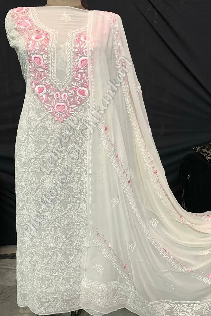 Ek Taar Lucknowi Chikankari Parsigara Suit, Ivory with Pink Parsi Yoke