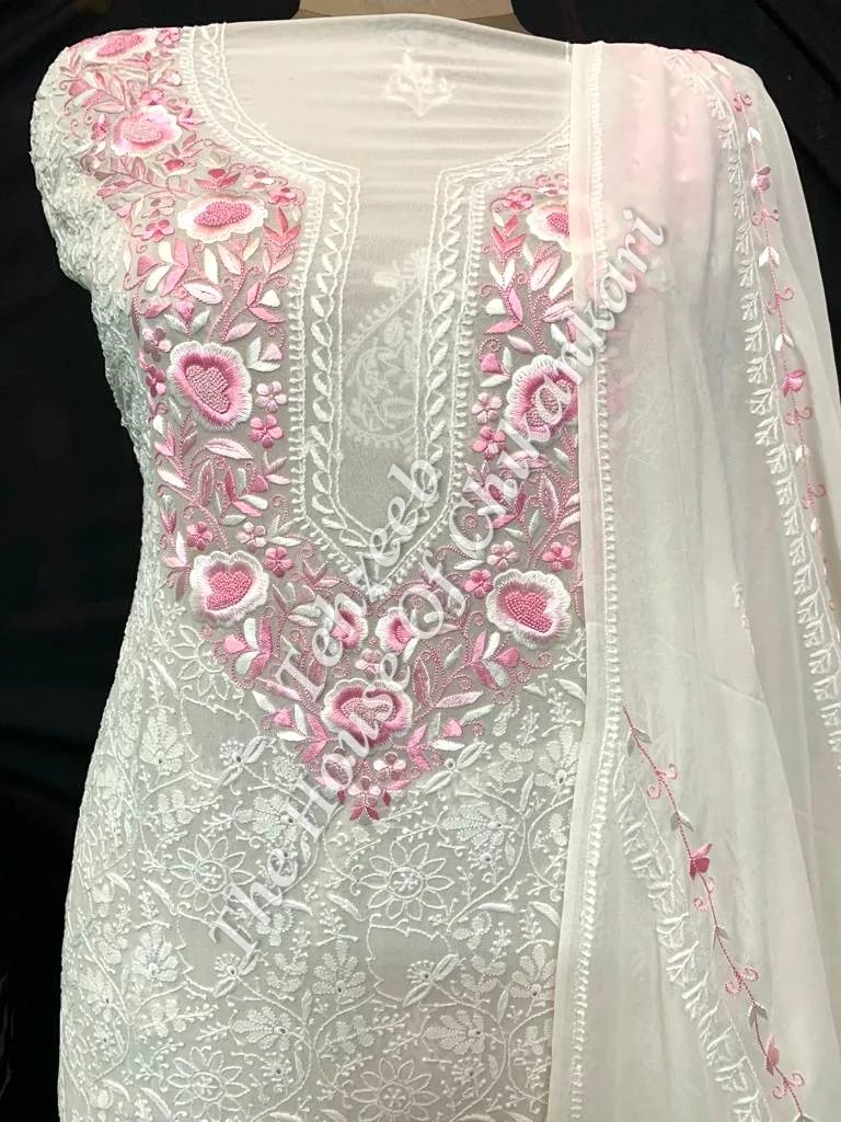 Ek Taar Lucknowi Chikankari Parsigara Suit, Ivory with Pink Parsi Yoke, detail 2