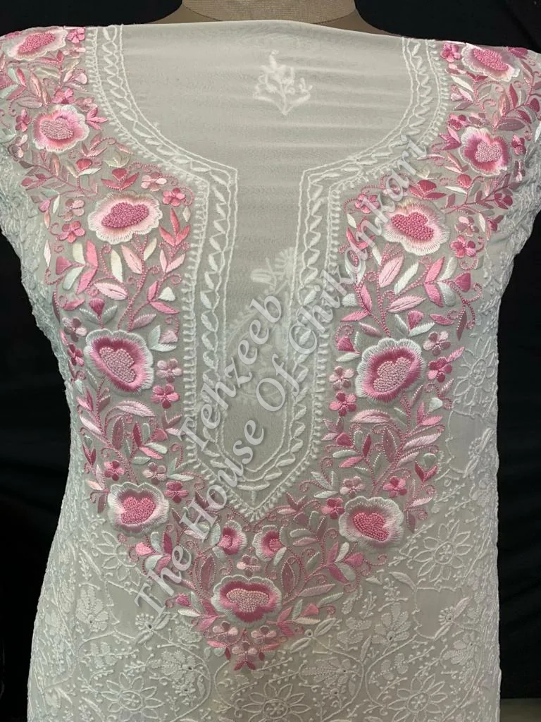 Ek Taar Lucknowi Chikankari Parsigara Suit, Ivory with Pink Parsi Yoke, detail 3