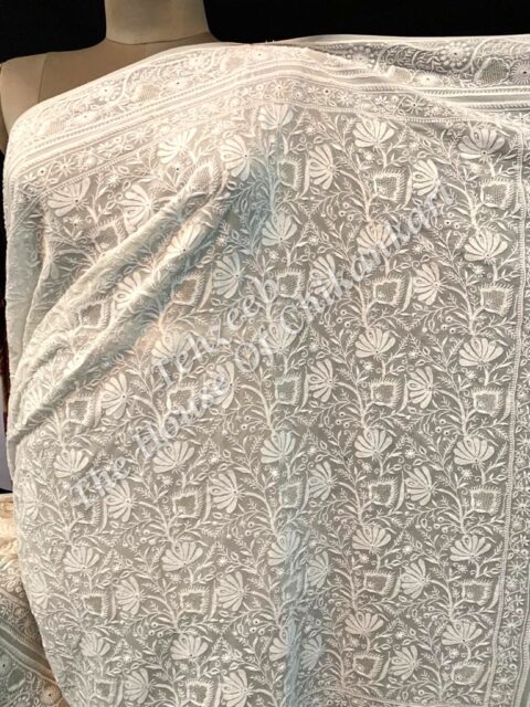 Ek Taar Lucknowi Chikankari Saree, Ivory Leaf Jaal