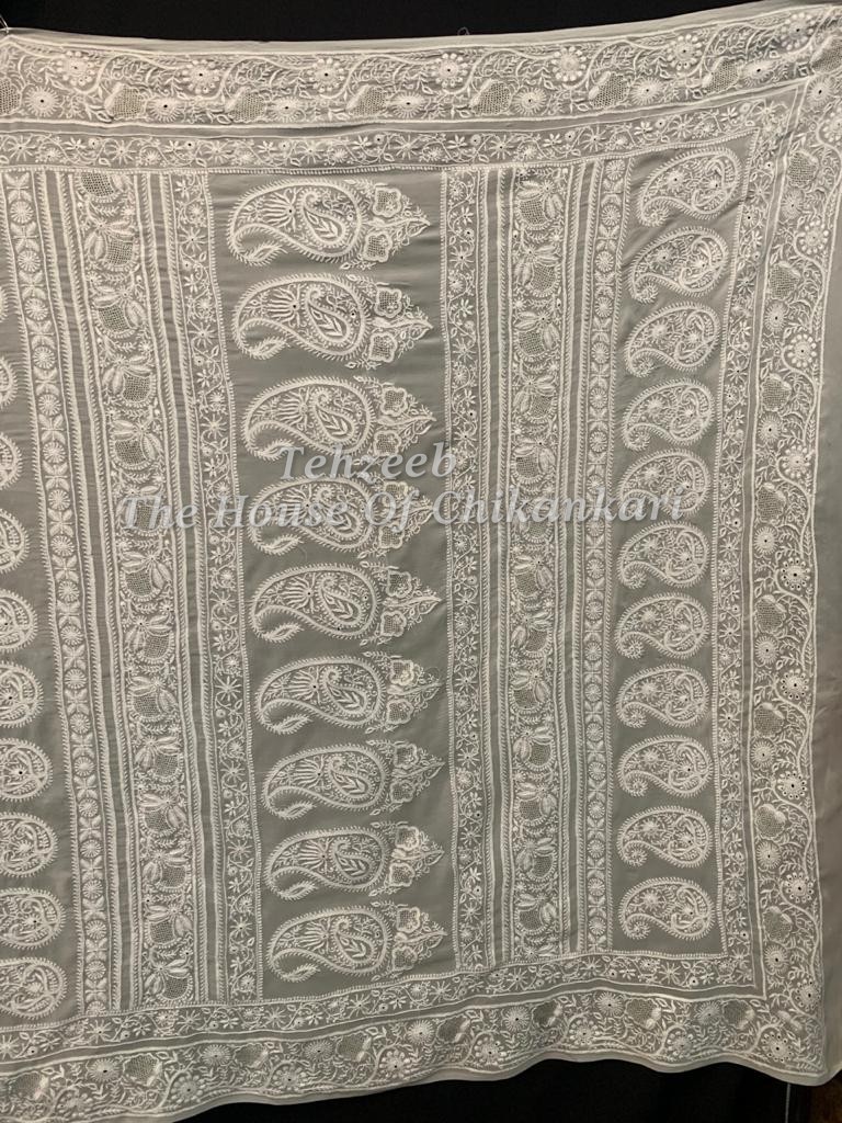 Ek Taar Lucknowi Chikankari Saree, Ivory Leaf Jaal, detail 2