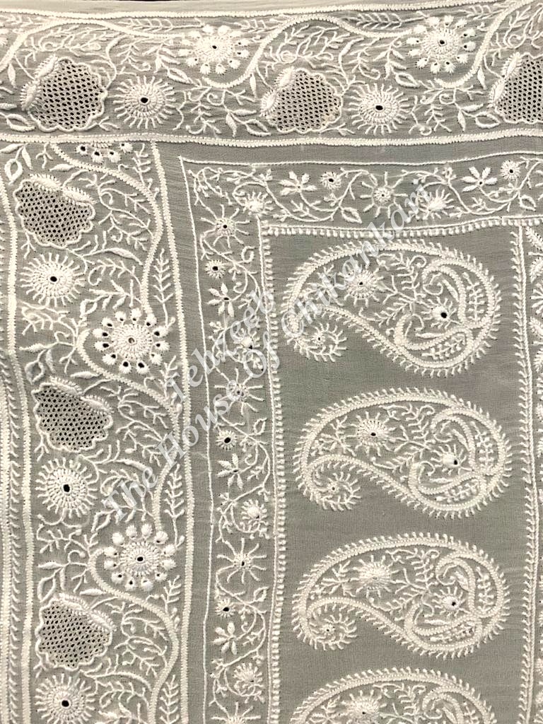 Ek Taar Lucknowi Chikankari Saree, Ivory Leaf Jaal, detail 3
