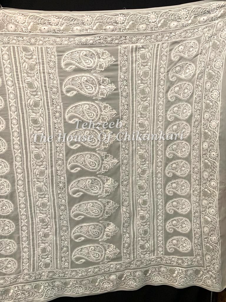 Ek Taar Lucknowi Chikankari Saree, Ivory Leaf Jaal, detail 4