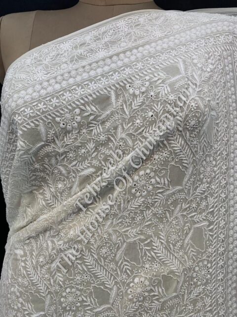 Ek Taar Lucknowi Chikankari Saree, White Vine Jaal