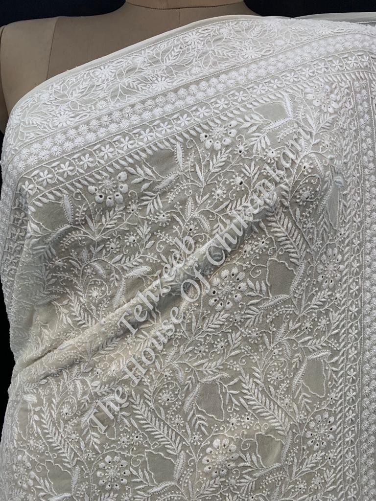 Ek Taar Lucknowi Chikankari Saree, White Vine Jaal