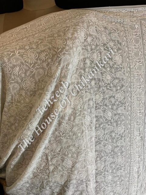 Ek Taar Lucknowi Chikankari Saree, Ivory Floral Border