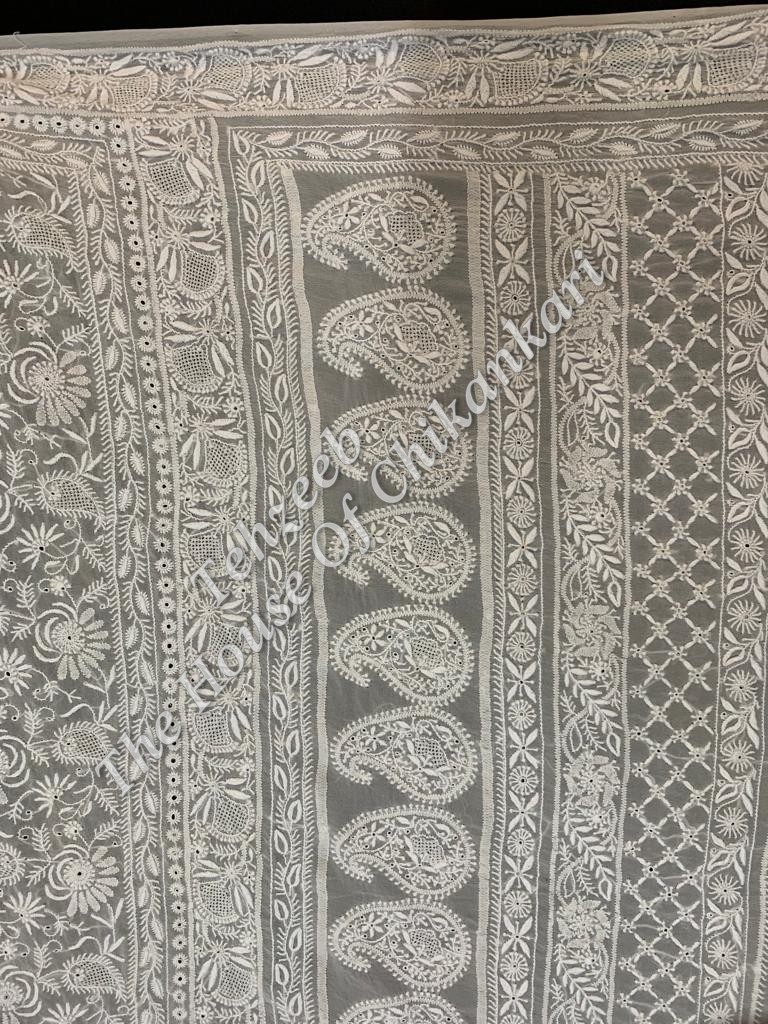 Ek Taar Lucknowi Chikankari Saree, Ivory Floral Border, detail 2