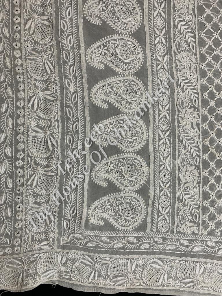 Ek Taar Lucknowi Chikankari Saree, Ivory Floral Border, detail 3