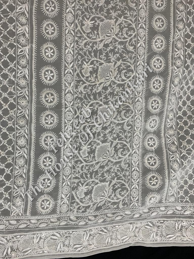 Ek Taar Lucknowi Chikankari Saree, Ivory Floral Border, detail 4