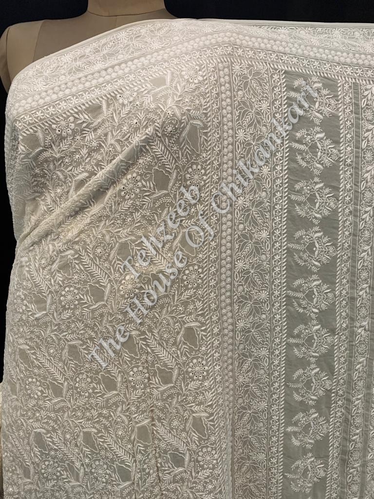 Ek Taar Lucknowi Chikankari Saree, White Vine Jaal, detail 2
