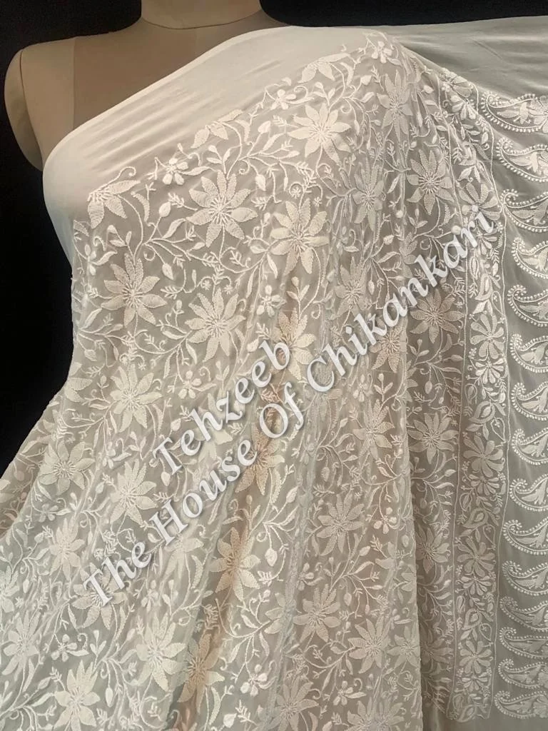 Ek Taar Lucknowi Chikankari Saree, Ivory Ek & Do Taar Floral