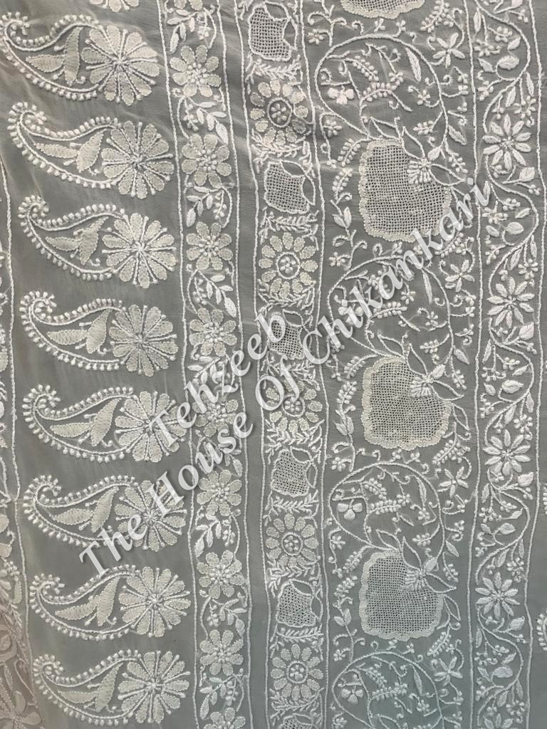 Ek Taar Lucknowi Chikankari Saree, Ivory Ek & Do Taar Floral, detail 2