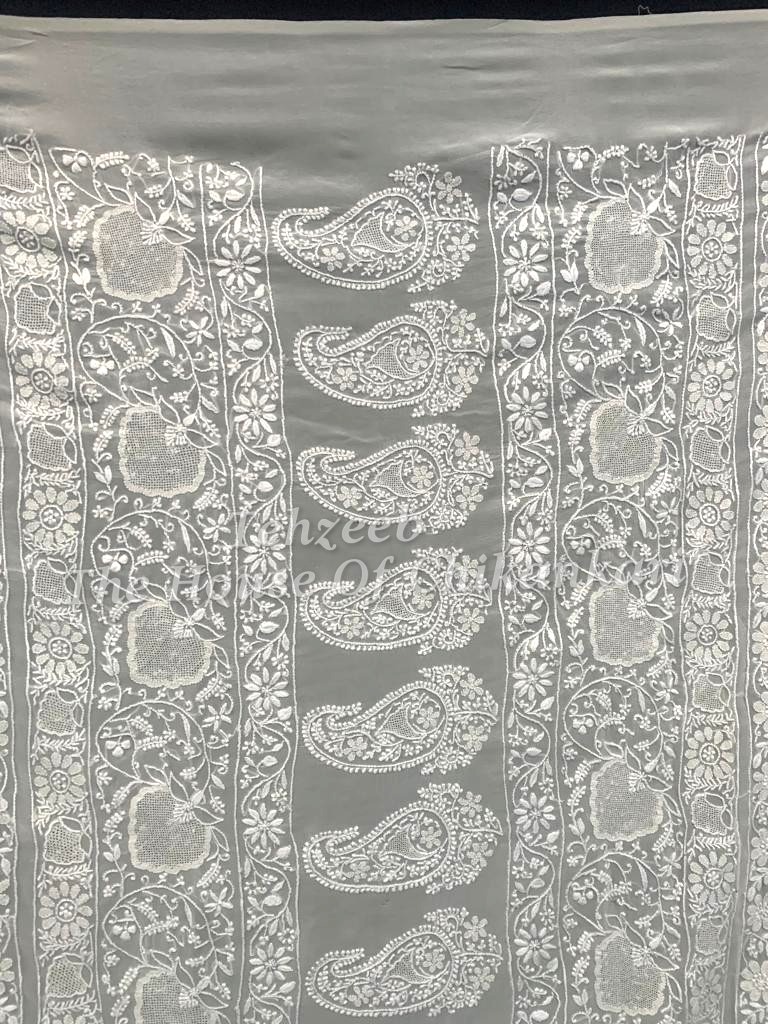Ek Taar Lucknowi Chikankari Saree, Ivory Ek & Do Taar Floral, detail 3