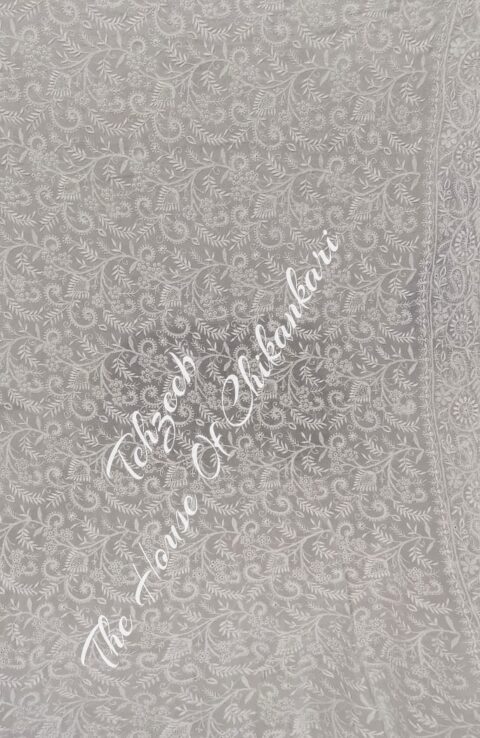 Ek Taar Lucknowi Chikankari Saree, Silver-Grey Scroll Jaal