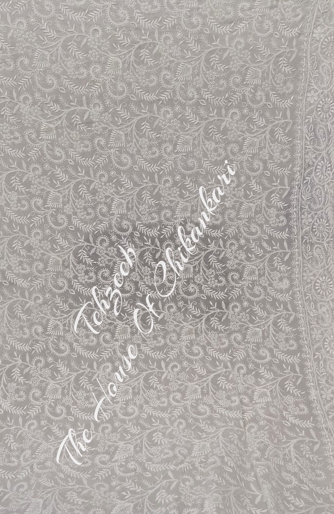 Ek Taar Lucknowi Chikankari Saree, Silver-Grey Scroll Jaal